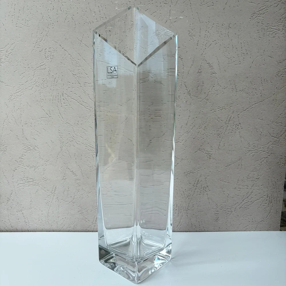 LSA International Handblown Clear Glass Square Vase 15.5 Inch Tall Geometric